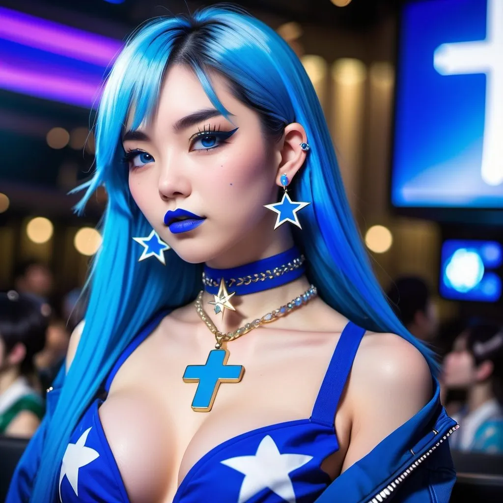 Prompt: 2020s, Japanese women, blue choker, blue eyes, blue hair, blurry, blurry background, disco, party, choker, cross, blue cross earrings, depth of concert hall, blue heart earrings, blue eyeshadow, blue lights, jacket, jewelry, k/da \(league of legends\), lips, blue lipstick, long blue hair, looking at viewer, makeup, tv screens, photo \(medium\), piercing, solo, star \(symbol\), blue star earrings, star print, bigbreast