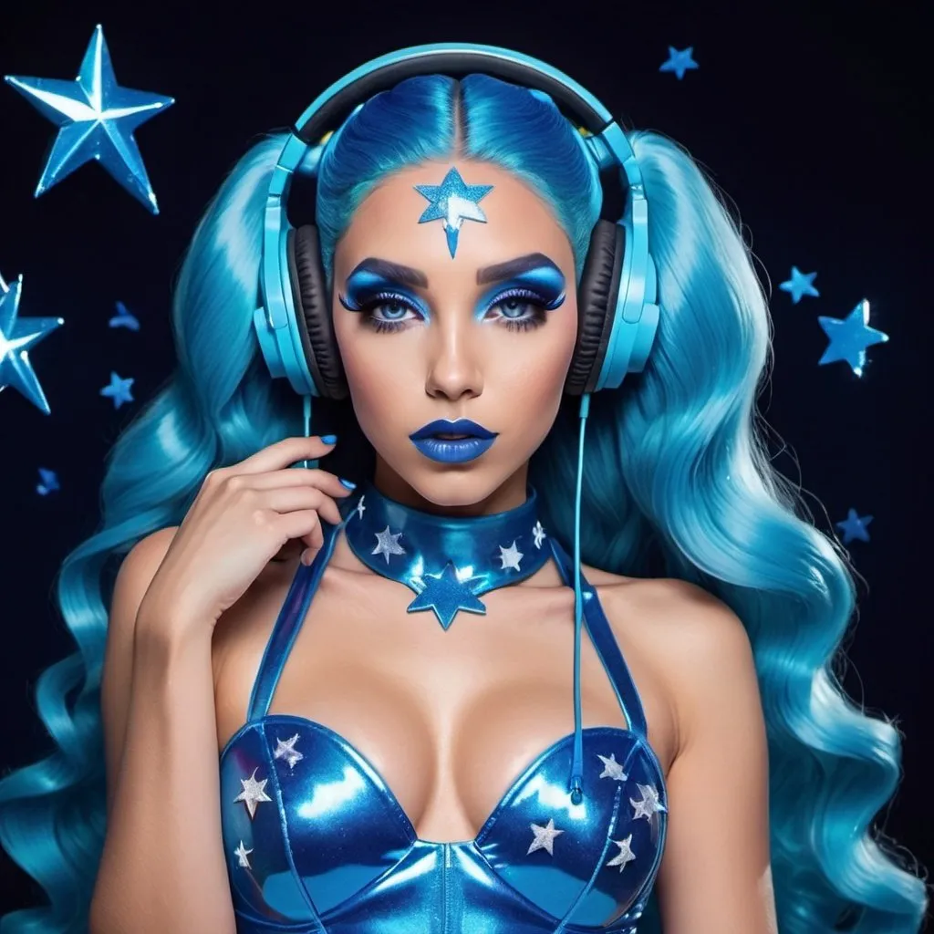 Prompt: 2020s, Starfire as a female popstar wearing a blue headphones, aqua blue lipstick, glossy and sparkling lips, blue makeup including blue eyeshadow and blue blush, dark blue hair, blue eyebrows, blue eyes, colourised, blue plastic gown, full body shot, photography, blue hearts and stars, euphoric.