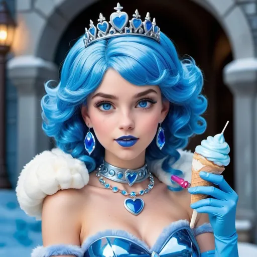Prompt: Princess daisy with ultradetailed large shiny blue lips, Blinding blue Heart Earrings, Blue Xtra Large Metal Ball Gown, blue plastic Gloves with blue Fur, Glowing Blue eyes, Artisans Cut, Gleaming blueberry Ice Cream, blue Tiara. Pristine blue hair, confident facial expression, Full eyebrows with blue tint, blue Candy necklace, Wintry Aura, blue Armor Plated Shoulders, Cake Covered blue wand, blue Sharp Nails, coastal castle, Blue Moon. High resolution, Realistic, Cold color scheme, high radiance.