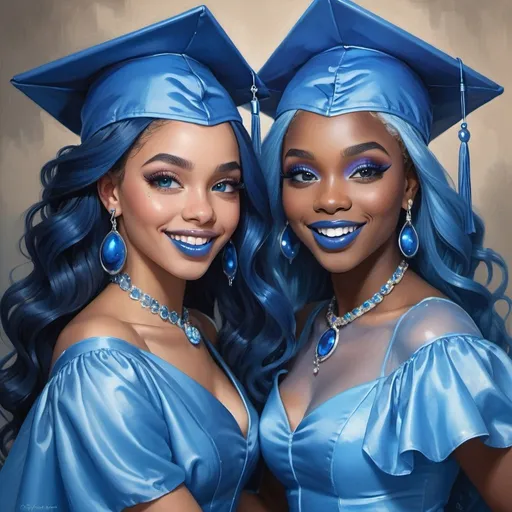 Prompt: a picture of 2 black women with long blue hair, posing together large blue eyes wearing blue ball gowns, blue eyeshadow, and blue lipstick smiling at the camera, blue makeup, jewerly on hands, Artgerm, fantasy art, realistic shaded perfect blue face, a detailed painting, graduation, 18 years old, blue lipstick, graduation hats.