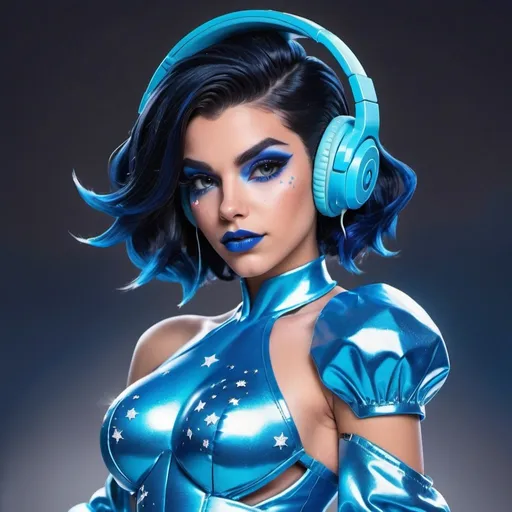 Prompt: 2020s, Sombra Overwatch as a female popstar wearing a blue headphones, aqua blue lipstick, glossy and sparkling lips, blue makeup including blue eyeshadow and blue blush, dark blue hair, blue eyebrows, blue eyes, colourised, blue plastic gown, full body shot, photography, blue hearts and stars, euphoric.