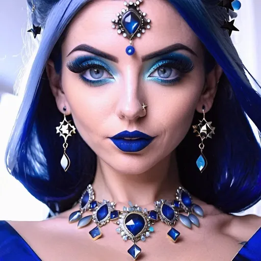 Prompt: 30 year old woman, mother, in living room, blue lipstick, blue hair, Puffy face, long ice nails, Spiral earrings, dark blue plastic dress, blue Star Patch, glowing spoon.  