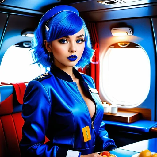 Prompt: Full body image of beautiful girl with blue lipstick highly detailed blue hair and with cute face, soviet idol, she is a flight attendant wearing blue flight jacket, in plane serving food, perfect composition, perfect body shape, hyperrealistic, super detailed, 8k, blue makeup, blue eyeshadow, blue lipstick, high quality, trending art, trending on artstation, sharp focus, studio photo, intricate details, highly detailed, by greg rutkowski