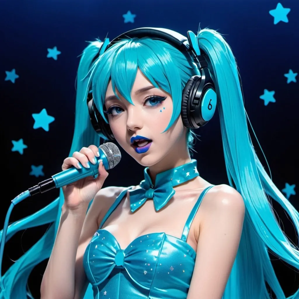 Prompt: 2020s, hatsune miku as a female popstar wearing a blue headphones, holding blue microphone, aqua blue lipstick, glossy and sparkling lips, blue makeup including blue eyeshadow and blue blush, dark blue hair, blue eyebrows, blue eyes, colourised, blue plastic gown, full body shot, anime, drawing, blue hearts and stars, singing.