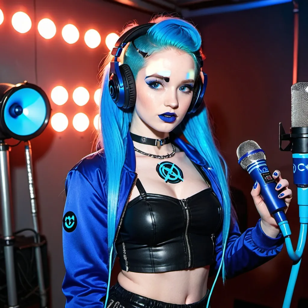 Prompt: Cyber goth madelaine petsch, electronic dance, full body view, blue lipstick, blue eyes, blue eyeshadow, blue crop top, blue jacket, blue nails, blue hair, blue headphones, blue microphone, blue speakers, blue lights shining, media studio with cameras pointed at her, full lips, Checkmark on her crop top