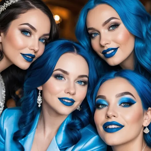 Prompt:  3 ladies with blue  eyes, flowing blue hair, smiling lips with blue lipstick, blue jacket, blue makeup, blue eyeshadow. At wedding