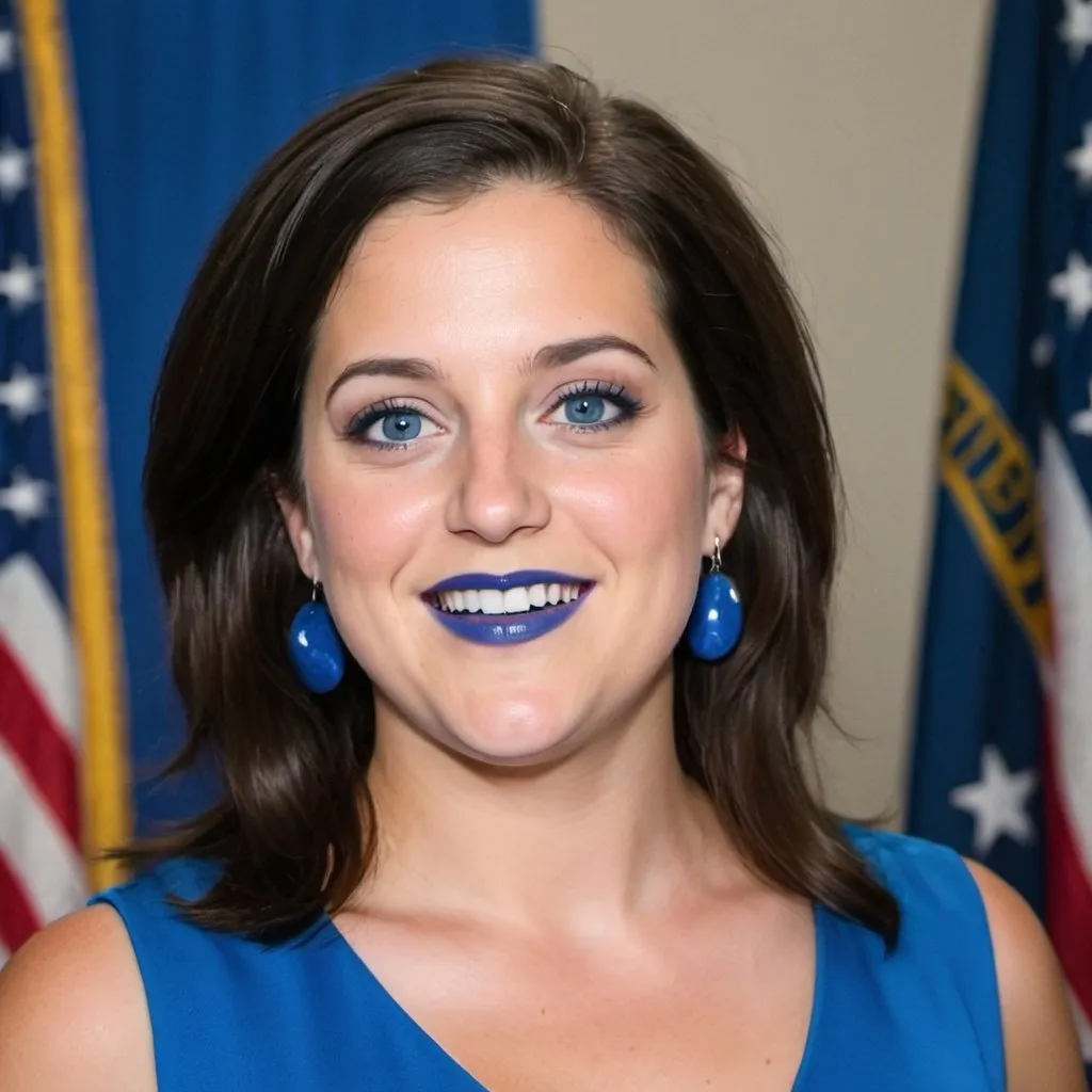 Prompt: Elise Stefanik with blue mullet, blue eyes, flowing blue hair, smiling lips with blue lipstick, blue dress, blue makeup, blue eyeshadow. Making a speech



