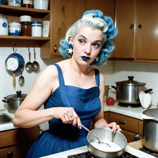 Prompt: 1950s, 30 year old white woman, mother, in kitchen, blue lipstick, blue hair, Puffy face, long ice nails, Spiral earrings, dark blue gown, blue Star Patch,  spoon stirring pot.