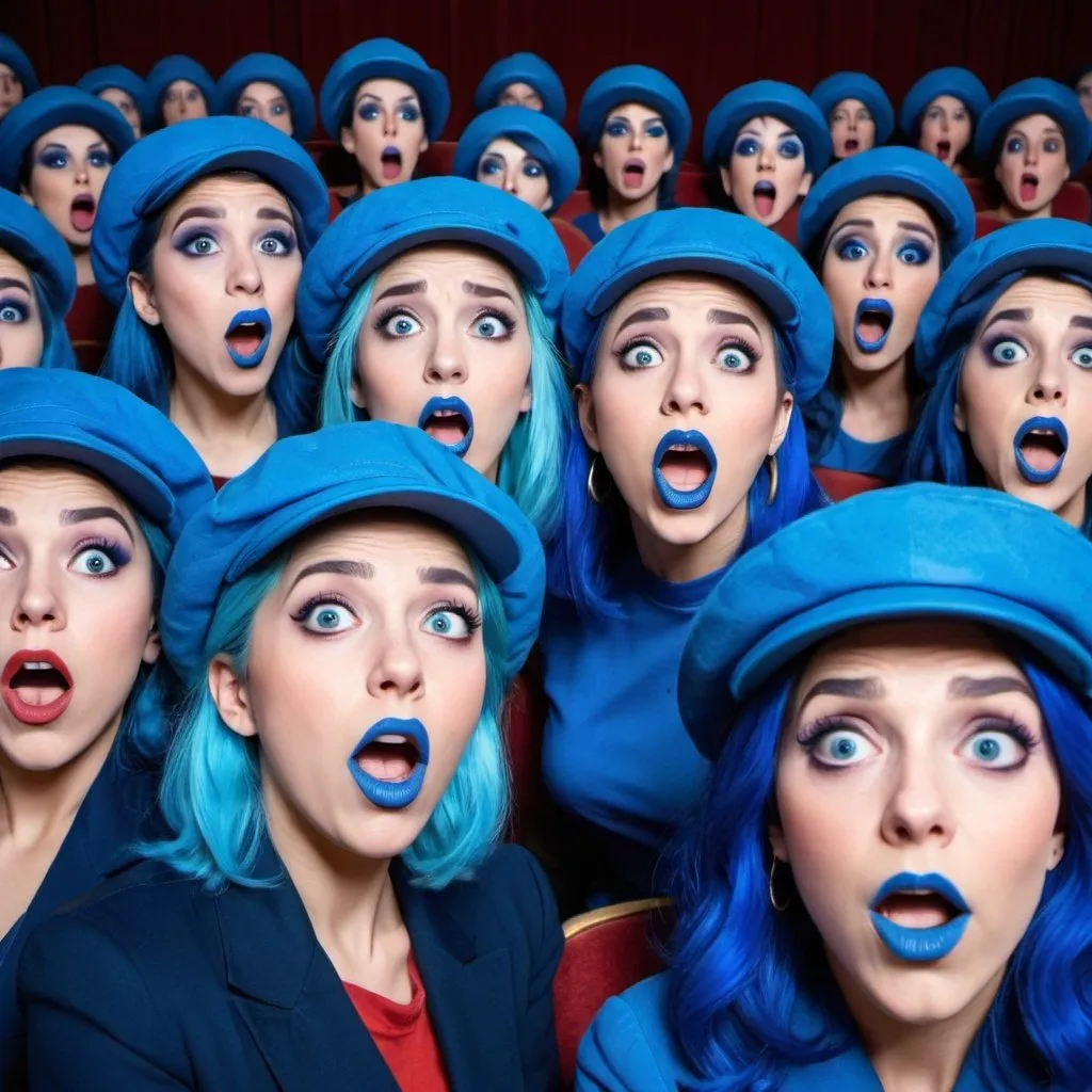 Prompt: Women in a theater, blue spiral movie screen, blue hair, blue lipstick, blue eyes, blue makeup, blue clothes, blue hats. Shocked faces