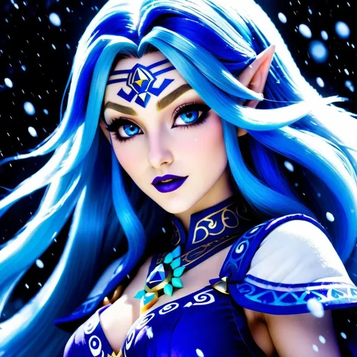 Prompt: Princess Zelda
, blue hair swirling wildly,
, with blue snowy aura around her, blue lipstick,  cold void eyes, casting a blue spell,, massive chest,,