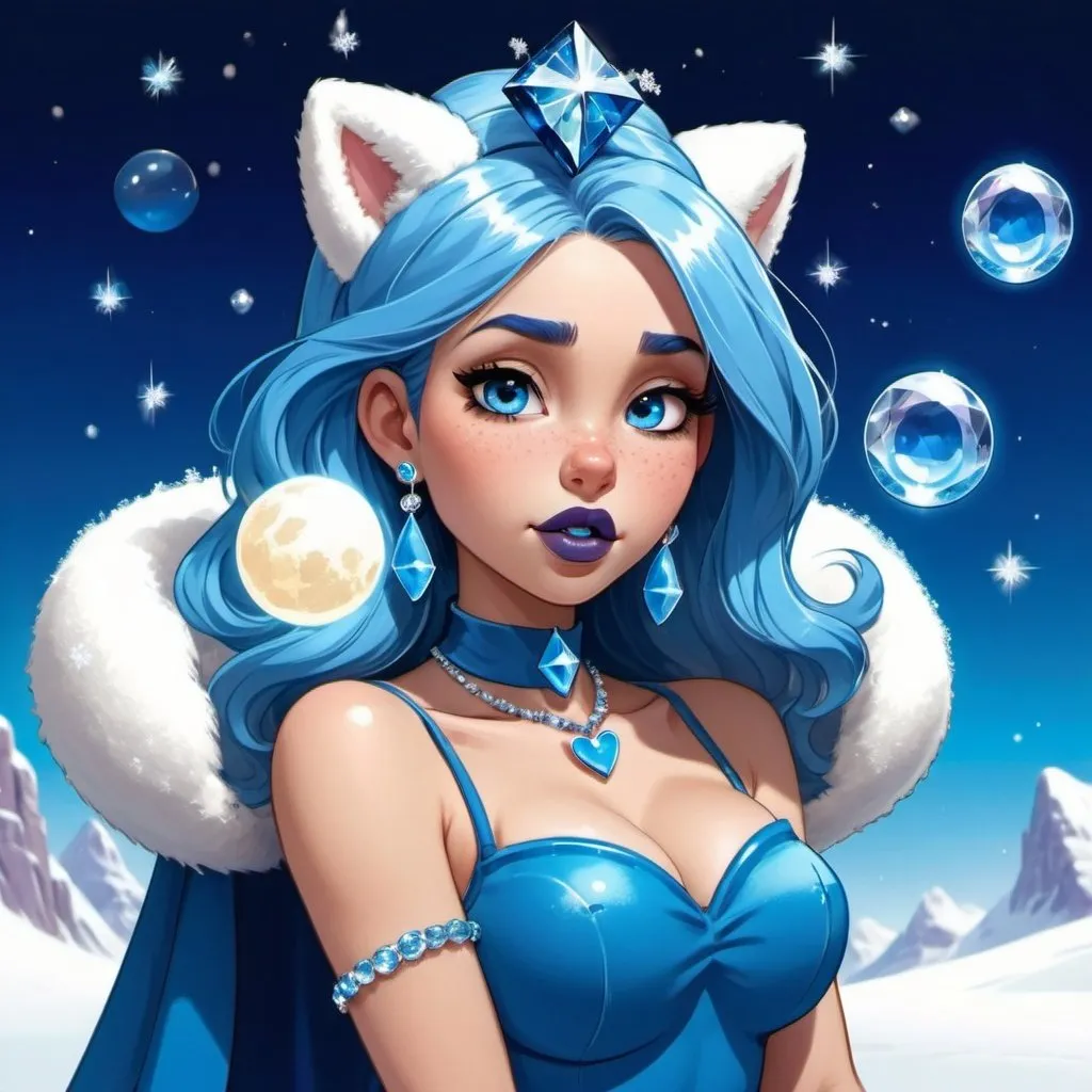 Prompt: kim possible, Heavy snow, Giant Blue Orb in Sky, Long Straight Blue hair, Ice crystal tiara, Thick bushy blue eyebrows, medium sized nose, plump diamond shape face,  Blue lipstick, ethereal blue eyes, Triangle Star earrings, soft ears, Large blue plastic chain around neck, Blue heart necklaces, blue candy shaped rings, Large blue fur coat with blue plastic gloves. Long Blue Skirt with moons.