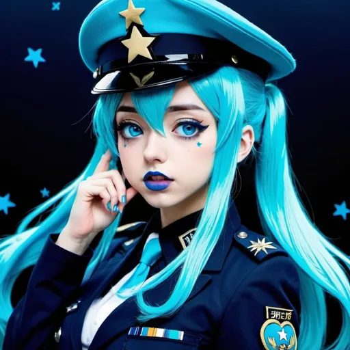 Prompt: 2010s, hatsune miku as a female officer wearing a blue beret, blue lipstick, blue makeup including blue eyeshadow and blue blush, blue hair, blue eyebrows, blue eyes, colourised, blue uniform beret, full body shot, photography, blue hearts and stars, coughing.