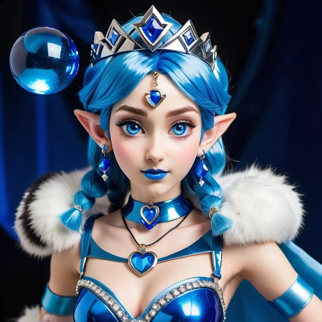 Prompt: Princess Zelda with ultradetailed large shiny blue lips, Blinding blue Heart Earrings, Blue Xtra Large Metal Ball Gown, blue plastic Gloves with blue Fur, Glowing Blue eyes, Artisans Cut, Gleaming lip gloss, blue Tiara. Pristine blue hair, confident facial expression, Full eyebrows with blue tint, blue Candy necklace, Wintry Aura, blue Armor Plated Shoulders, blue wand, blue Sharp Nails, coastal castle, Blue Moon. High resolution, Realistic, Cold color scheme, high radiance.