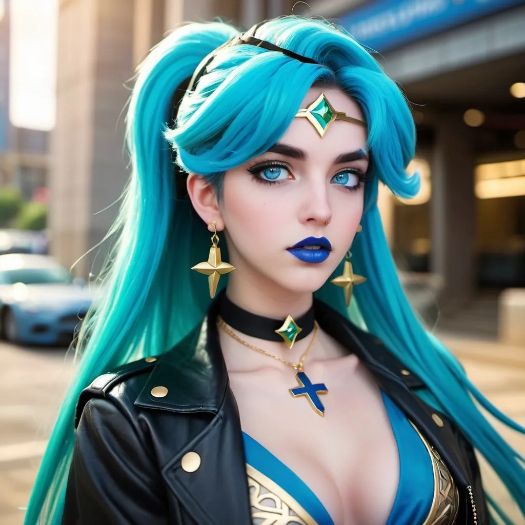 Prompt: Palutena, black choker, blue eyes, blue hair, blurry, blurry background, building, car, choker, cross, cross earrings, depth of field, earrings, eyeshadow, ground vehicle, jacket, jewelry, k/da \(league of legends\), lips, blue lipstick, long hair, looking at viewer, makeup, motor vehicle, photo \(medium\), piercing, solo, star \(symbol\), star earrings, star print