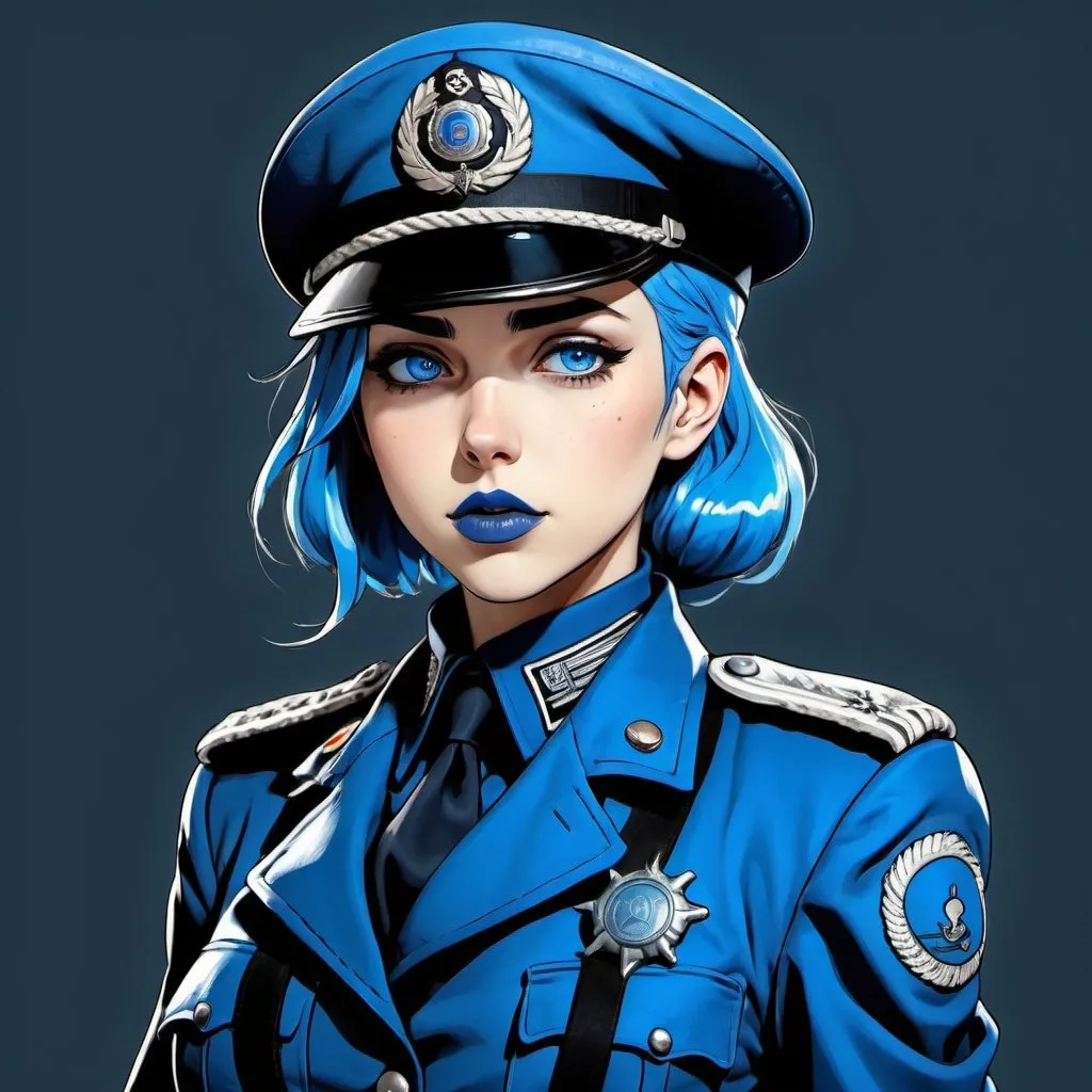 Prompt: Anime Dieselpunk female officer wearing a blue beret, blue lipstick, blue hair, blue eyebrows, blue eyes, colourised, blue uniform beret, full body shot, anime lineart style, 