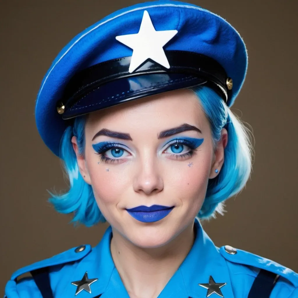 Prompt: 2010s, Jill as a female officer wearing a blue beret, blue lipstick, blue makeup including blue eyeshadow and blue blush, blue hair, blue eyebrows, blue eyes, colourised, blue uniform beret, full body shot, photography, blue hearts and stars soft smile.