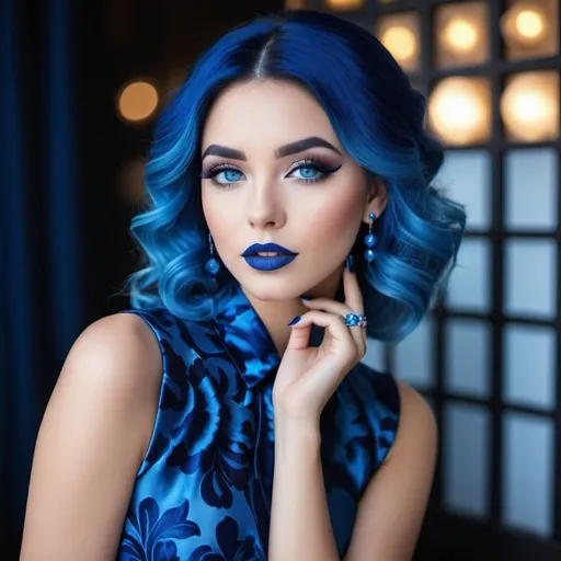 Prompt:  A woman, blue makeup, blue lipstick, blue eyes, blue hair, blue eyebrows, blue blush, blue silk pattern dress, long dark blue skirt, blue finger nails. Photograph, realistic, any facial expression.