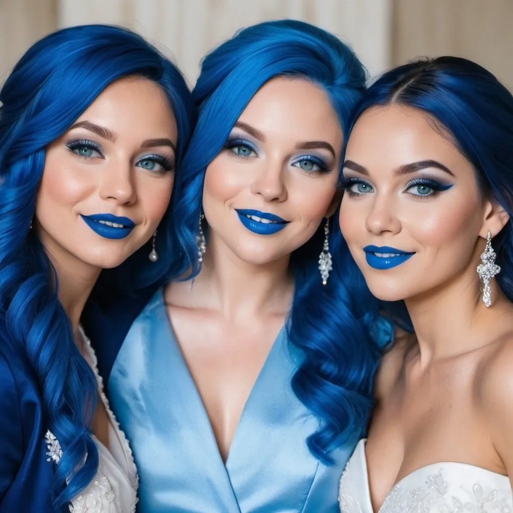 Prompt:  3 ladies with blue  eyes, flowing blue hair, smiling lips with blue lipstick, blue jacket, blue makeup, blue eyeshadow. At wedding