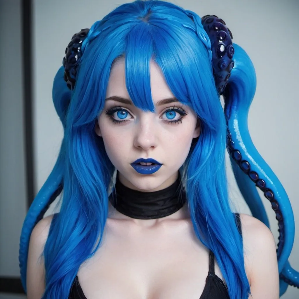 Prompt: 1girl, blue hair, solo, tentacle hair, blue makeup, blue lipstick, blue eyes.