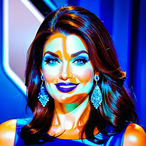 Prompt: Kimberly Guilfoyle with blue earrings, blue eyes, flowing blue hair, smiling lips with blue lipstick, blue dress, blue makeup, blue eyeshadow. Making a speech



