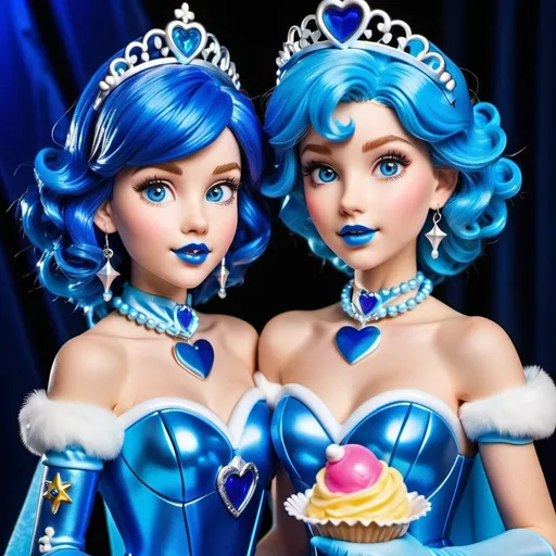 Prompt: Princesses daisy and peach with ultradetailed large shiny blue lips, Blinding blue Heart Earrings, Blue Xtra Large Metal Ball Gown, blue plastic Gloves with blue Fur, Glowing Blue eyes, Artisans Cut, Gleaming blueberry Ice Cream, blue Tiara. Pristine blue hair, confident facial expression, Full eyebrows with blue tint, blue Candy necklace, Wintry Aura, blue Armor Plated Shoulders, Cake Covered blue wand, blue Sharp Nails, coastal castle, Blue Moon. High resolution, Realistic, Cold color scheme, high radiance.