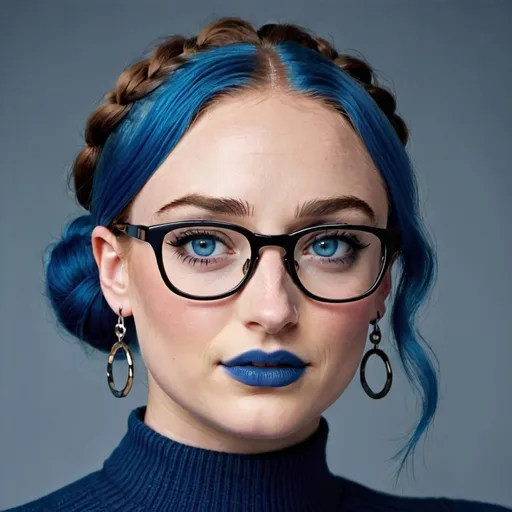 Prompt: Sophie Turner, blue hair, with bun, blue eyes and glasses, blue lipstick, blue sweater, blue eyeshadow, blue makeup, blue halo earrings. 