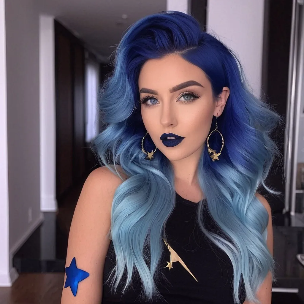 Prompt: 30 year old woman, mother, in living room, blue lipstick, blue hair, Puffy face, long ice nails, Spiral earrings, dark blue plastic dress, blue Star Patch, glowing spoon.  