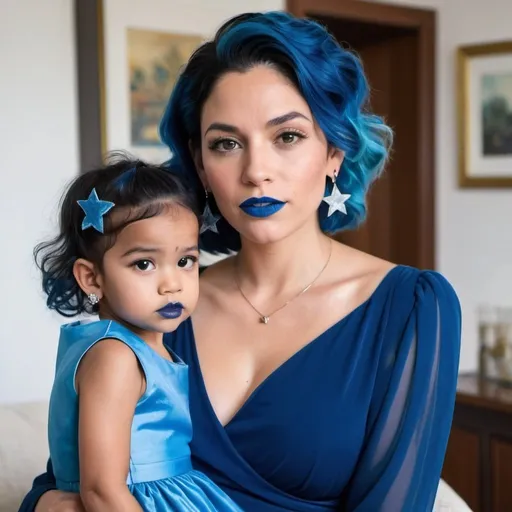 Prompt: 30 year old woman, mother, in living room, blue lipstick, blue hair, Puffy face, long ice nails, blue Spiral earrings, dark blue plastic dress, blue Star Patch.  

Handling child