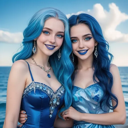 Prompt: a picture of 2 women with long blue hair, posing together large blue eyes wearing blue dresses, blue eyeshadow, and blue lipstick smiling at the camera, blue makeup, jewerly on hands, Artgerm, fantasy art, realistic shaded perfect blue face, a detailed painting, icy sea background, 18 years old, blue lipstick 