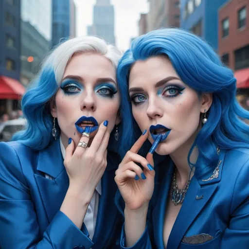 Prompt: a picture of 2 white women with long blue hair, posing together large blue eyes wearing blue suits, blue eyeshadow, and blue lipstick coughing at the camera, blue makeup, jewerly on hands, Artgerm, fantasy art, realistic shaded perfect blue face, a detailed painting, propaganda city background, 30 years old, blue lipstick 
