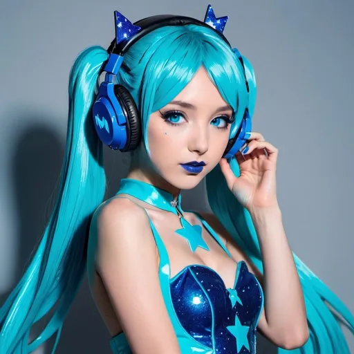 Prompt: 2020s, hatsune miku as a female popstar wearing a blue headphones, aqua blue lipstick, glossy and sparkling lips, blue makeup including blue eyeshadow and blue blush, dark blue hair, blue eyebrows, blue eyes, colourised, blue plastic gown, full body shot, photography, blue hearts and stars, euphoric.