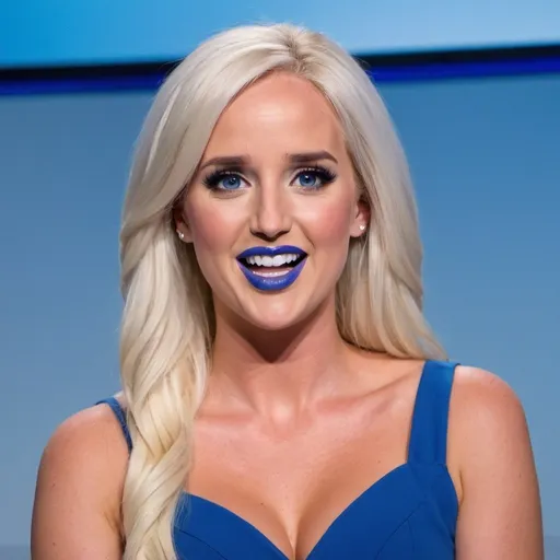 Prompt: Tomi Lahren with blue mullet, blue eyes, flowing blue hair, smiling lips with blue lipstick, blue dress, blue makeup, blue eyeshadow. Making a speech



