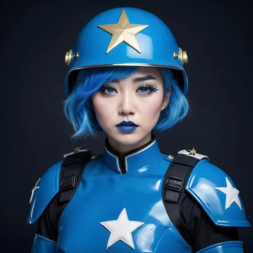 Prompt: 2010s, Chinese female officer wearing a blue riot helmet, blue lipstick, blue makeup including blue eyeshadow and blue blush, blue hair, blue eyebrows, blue eyes, colourised, blue riot gear, full body shot, photography, blue hearts and stars, sad.