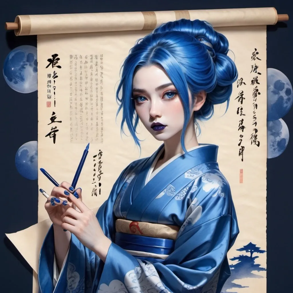 Prompt: A woman, blue hair, blue lipstick, blue kimono, blue eyes, blue eyeshadow, blue face faint, sketch, Japanese legend, on scroll, blue nails, dark blue eclipse behind on scroll paper.