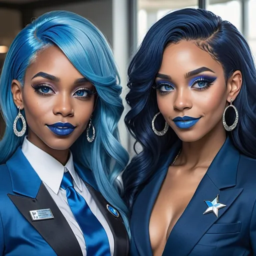 Prompt: a picture of 2 black women with long blue hair, posing together large blue eyes wearing blue suits, blue eyeshadow, and blue lipstick, smirks, blue makeup, blue jewelry on hands, Artgerm, fantasy art, realistic shaded perfect blue face, a detailed painting, modern newsroom background, 30 years old, blue star badge on their suits, blue diamond earrings.