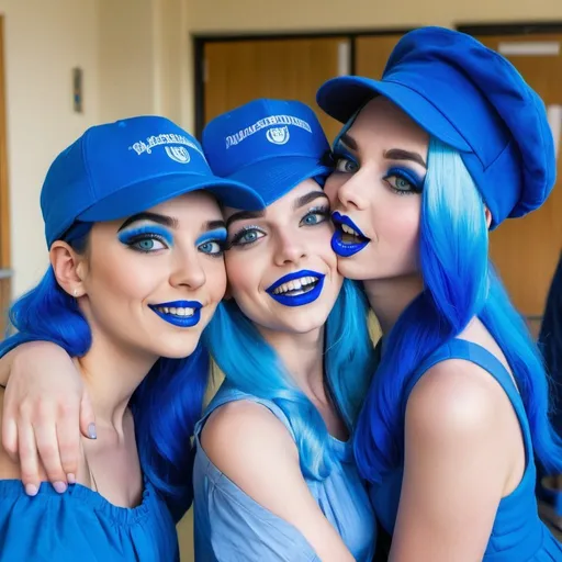 Prompt: 2 Women at a school, blue hair, blue lipstick, blue eyes, blue makeup, blue clothes, blue hats. Happy face.