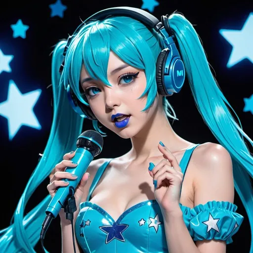 Prompt: 2020s, hatsune miku as a female popstar wearing a blue headphones, holding blue microphone, aqua blue lipstick, glossy and sparkling lips, blue makeup including blue eyeshadow and blue blush, dark blue hair, blue eyebrows, blue eyes, colourised, blue plastic gown, full body shot, anime, drawing, blue hearts and stars, singing.