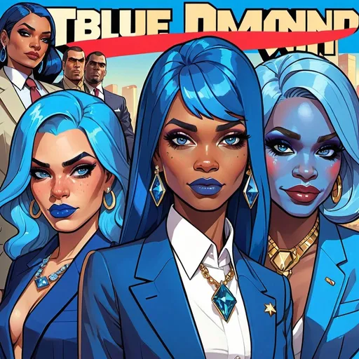 Prompt: GTA V cover art, 2 black women with long blue hair, posing together large blue eyes wearing blue suits, blue eyeshadow, and blue lipstick, smirks, blue makeup, blue jewelry on hands, Artgerm, fantasy art,  shaded perfect blue face, a detailed painting, modern newsroom background, 30 years old, blue star badge on their suits, blue diamond earrings.