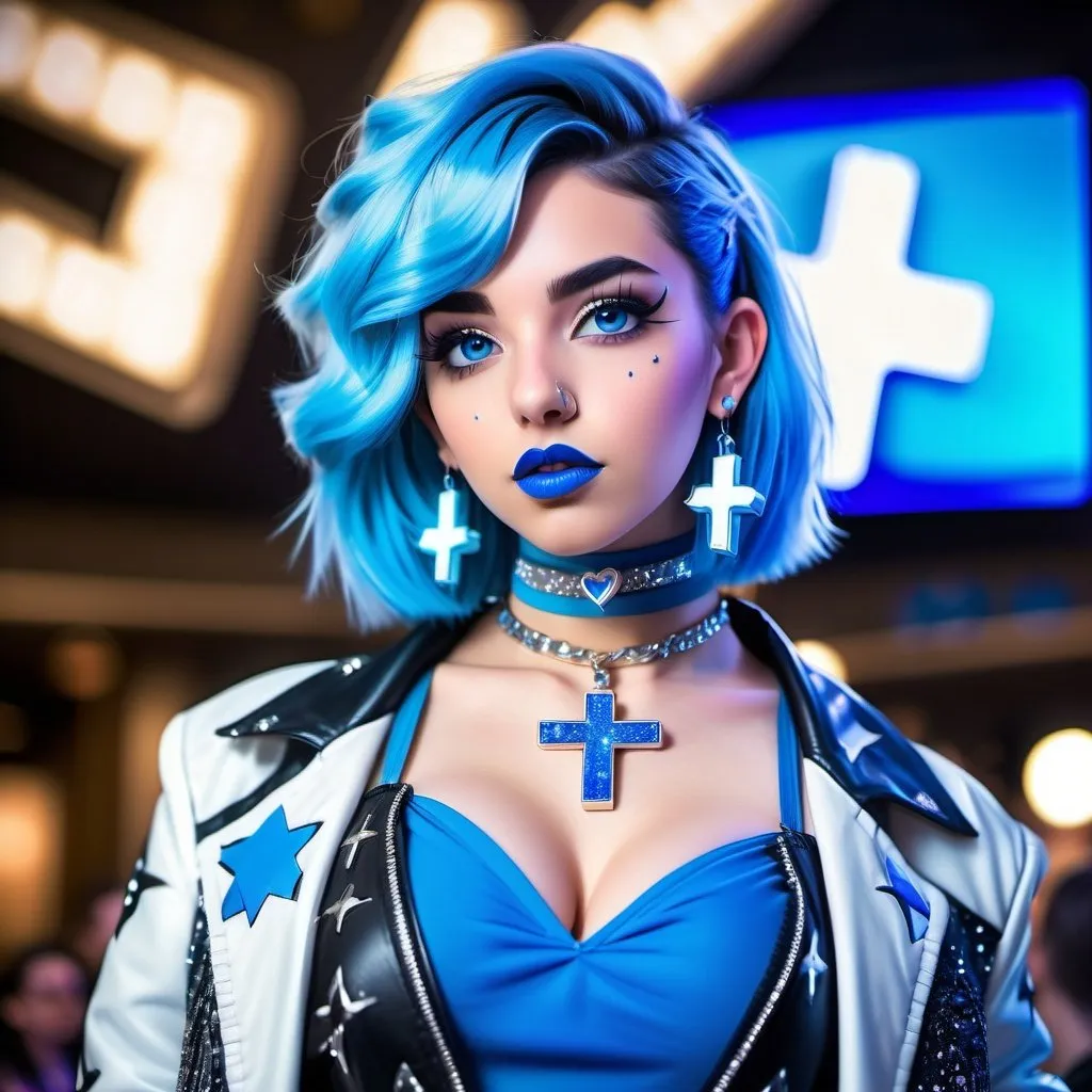 Prompt: 2020s, Arab women, blue choker, blue eyes, blue hair, blurry, blurry background, disco, party, choker, cross, blue cross earrings, depth of concert hall, blue heart earrings, blue eyeshadow, blue lights, jacket, jewelry, k/da \(league of legends\), lips, blue lipstick, long blue hair, looking at viewer, makeup, tv screens, photo \(medium\), piercing, solo, star \(symbol\), blue star earrings, star print, bigbreast