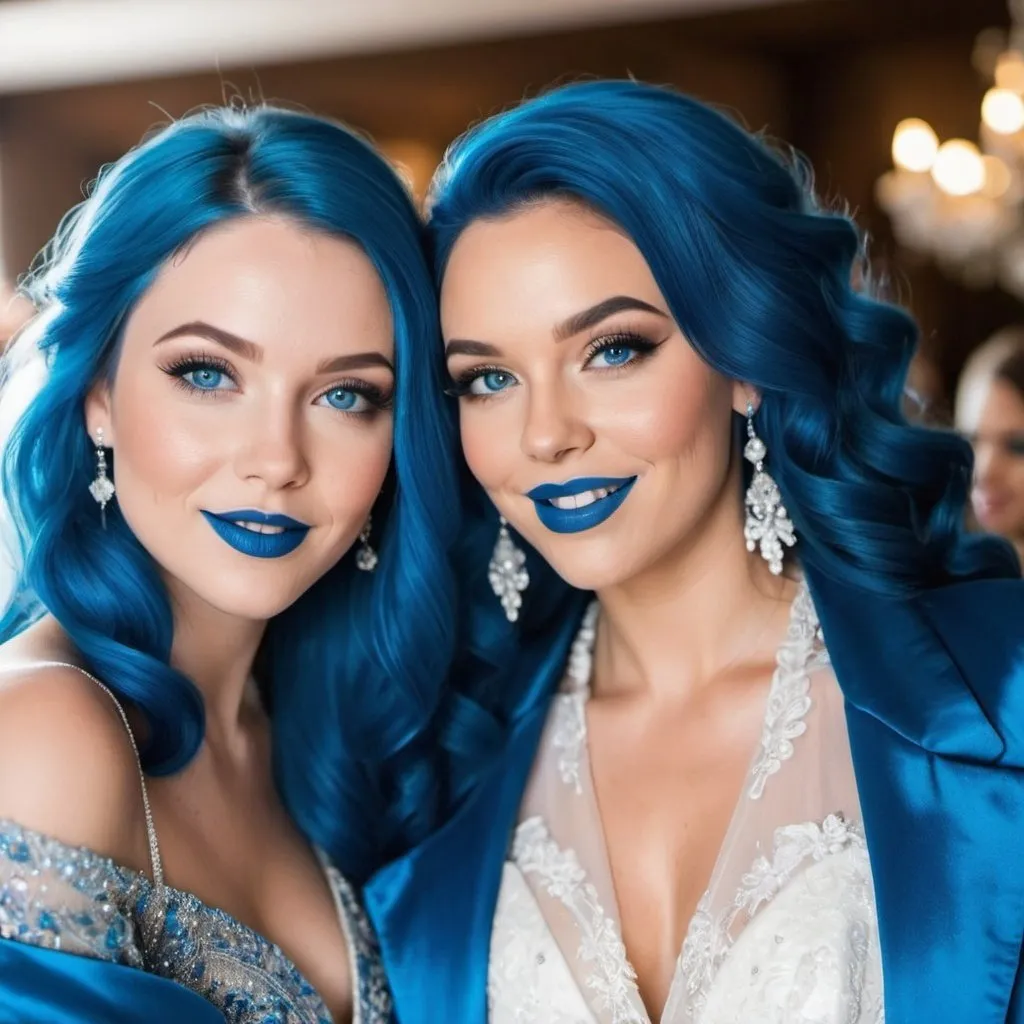 Prompt:  3 ladies with blue  eyes, flowing blue hair, smiling lips with blue lipstick, blue jacket, blue makeup, blue eyeshadow. At wedding