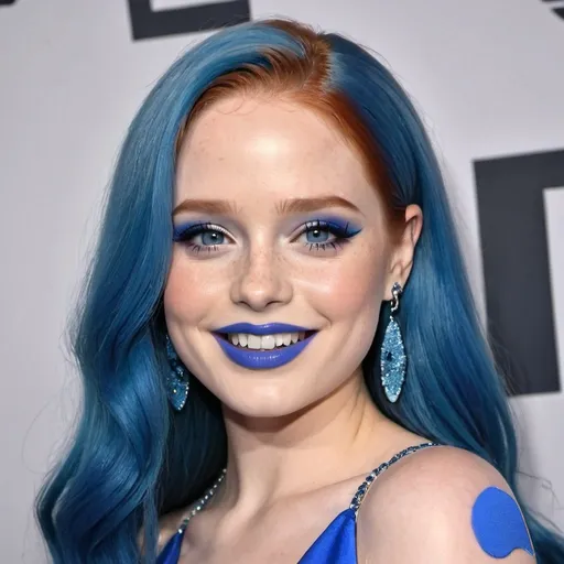 Prompt: Madelaine petsch with blue mullet, blue eyes, flowing blue hair, smiling lips with blue lipstick, blue dress, blue makeup, blue eyeshadow.



