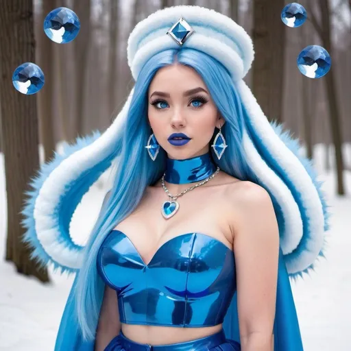 Prompt: kim possible, Heavy snow, Giant Blue Orb in Sky, Long Straight Blue hair, Ice crystal tiara, Thick bushy blue eyebrows, medium sized nose, plump diamond shape face,  Blue lipstick, ethereal blue eyes, Triangle Star earrings, soft ears, Large blue plastic chain around neck, Blue heart necklaces, blue candy shaped rings, Large blue fur coat with blue plastic gloves. Long Blue Skirt with moons.