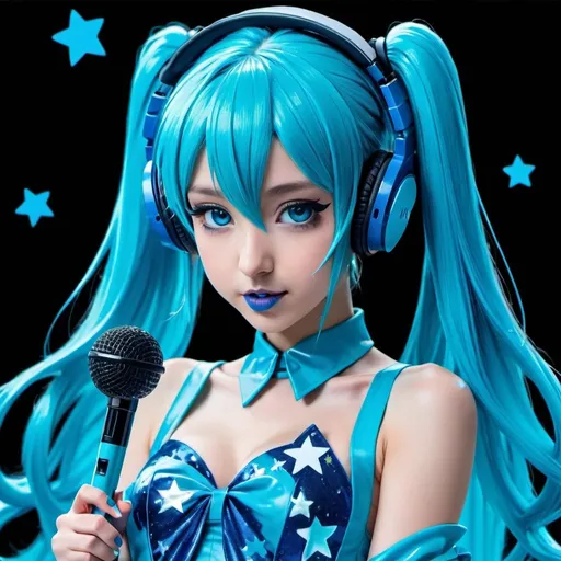 Prompt: 2020s, hatsune miku as a female popstar wearing a blue headphones, holding blue microphone, aqua blue lipstick, glossy and sparkling lips, blue makeup including blue eyeshadow and blue blush, dark blue hair, blue eyebrows, blue eyes, colourised, blue plastic gown, full body shot, anime, drawing, blue hearts and stars, euphoric.