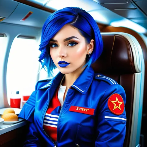 Prompt: Full body image of beautiful girl with blue lipstick highly detailed blue hair and with cute face, soviet idol, she is a flight attendant wearing blue flight jacket, in plane serving food, perfect composition, perfect body shape, hyperrealistic, super detailed, 8k, blue makeup, blue eyeshadow, blue lipstick, high quality, trending art, trending on artstation, sharp focus, studio photo, intricate details, highly detailed, by greg rutkowski