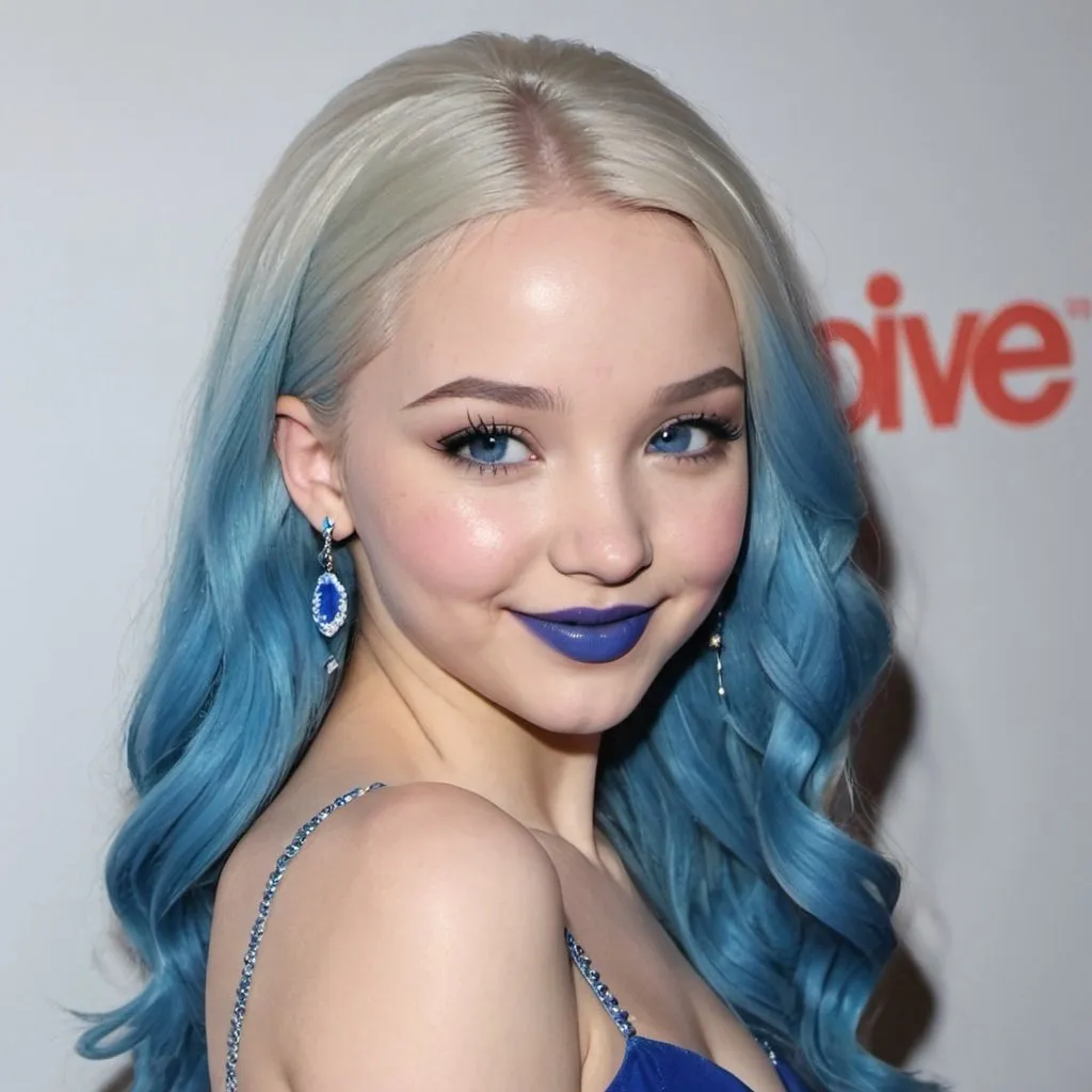 Prompt: Dove Cameron with blue mullet, blue eyes, flowing blue hair, smiling lips with blue lipstick, blue dress, blue makeup, blue eyeshadow.



