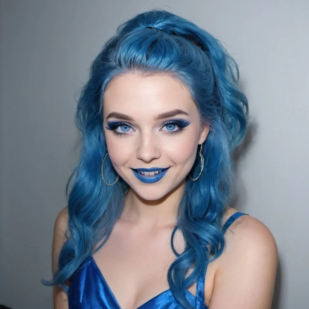 Prompt: Elise Stefanie with blue mullet, blue eyes, flowing blue hair, smiling lips with blue lipstick, blue dress, blue makeup, blue eyeshadow. 



