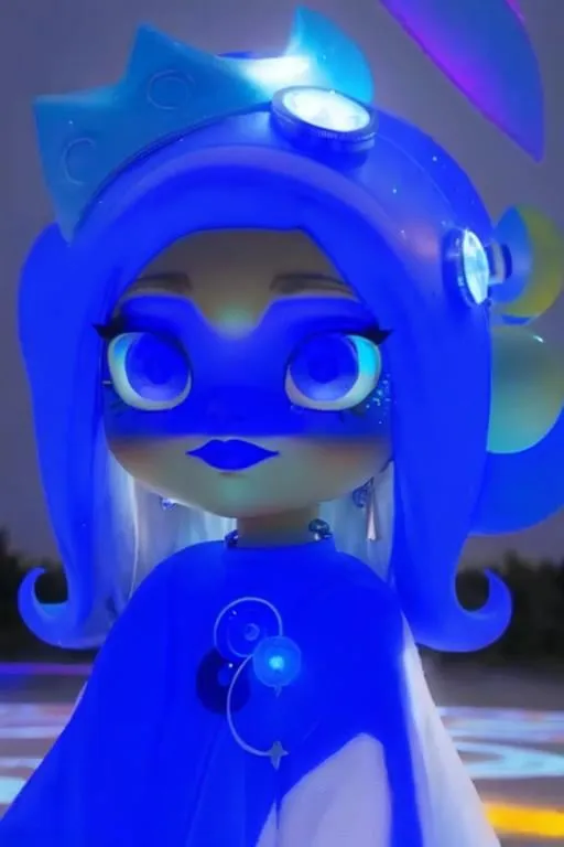 Prompt: 14 year old girl, outside moon behind her, blue lipstick, blue hair, Puffy face, long ice nails, Spiral earrings, dark blue plastic dress, blue Star Patch, glowing pencil.  