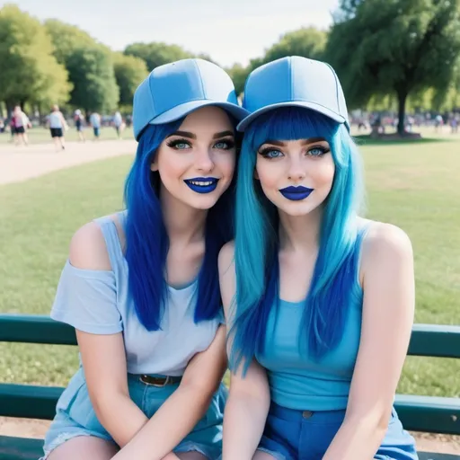 Prompt: 2 girls at a park, blue hair, blue lipstick, blue eyes, blue makeup, blue clothes, blue hats. Happy face.