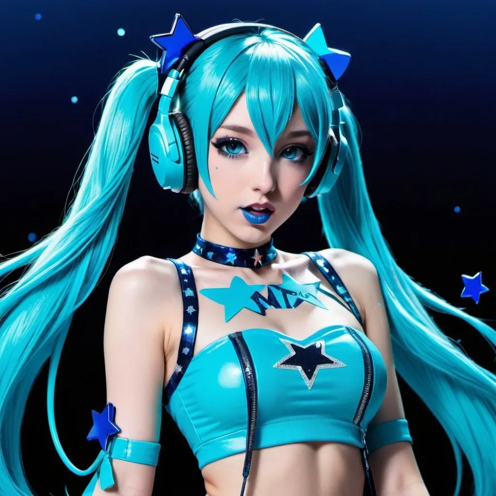 Prompt: 2010s, hatsune miku as a female popstar wearing a blue headphones, aqua blue lipstick, glossy and sparkling lips, blue makeup including blue eyeshadow and blue blush, dark blue hair, blue eyebrows, blue eyes, colourised, blue crop top, full body shot, photography, blue hearts and stars, euphoric.