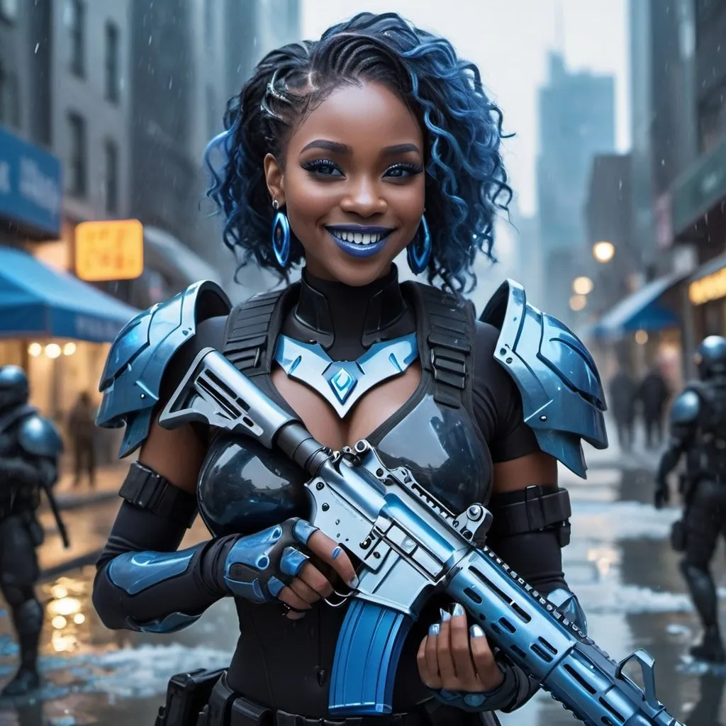 Prompt:  black woman holding a m-4 rifle, blue lipstick, flooded city, blue heart necklaces, blue kevlar armor, smile face, blue spiral eyes, blue eyeshadow, long ice earrings. Cold color scheme, ultradetailed, 8k resolution, perfect, smooth, high quality, shiny. 